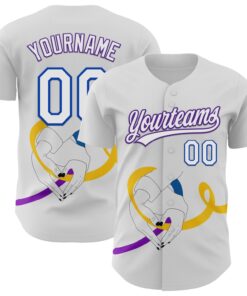 Custom White Purple Thunder Blue-Yellow 3D Bladder Cancer Ribbon Authentic Baseball Jersey