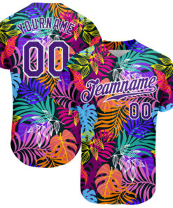 Custom White Purple-White 3D Pattern Design Hawaii Palm Trees Authentic Baseball Jersey