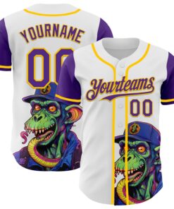 Custom White Purple-Yellow 3D Pattern Design Rave Monster Authentic Baseball Jersey