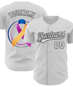 Custom White Purple Yellow Navy-Black 3D Bladder Cancer Ribbon Authentic Baseball Jersey