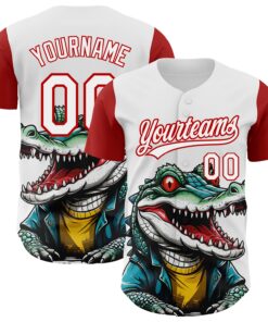 Custom White Red 3D Pattern Design Cartoon Crocodile Authentic Baseball Jersey
