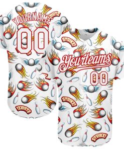 Custom White Red 3D Pattern Design Firely Bowling Authentic Baseball Jersey