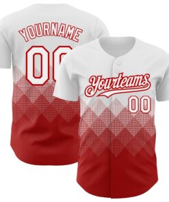 Custom White Red 3D Pattern Design Gradient Square Shapes Authentic Baseball Jersey