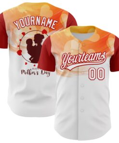 Custom White Red 3D Pattern Design Mother's Day Family Love Authentic Baseball Jersey