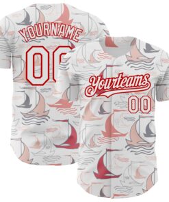 Custom White Red 3D Pattern Design Sailing Boats Authentic Baseball Jersey