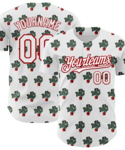 Custom White Red 3D Pattern Design Tropical Anthurium Crystal Authentic Baseball Jersey