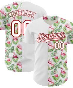 Custom White Red 3D Pattern Design Tropical Hawaii Palm Leaves And Flamingo Authentic Baseball Jersey