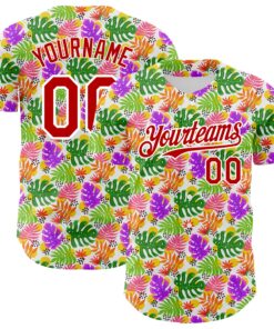 Custom White Red 3D Pattern Design Tropical Hawaii Palm Leaves Authentic Baseball Jersey
