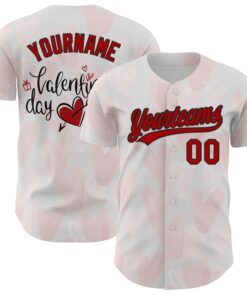 Custom White Red-Black 3D Love Heart Valentine's Day Authentic Baseball Jersey