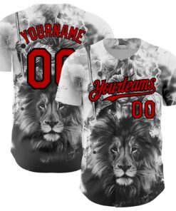 Custom White Red-Black 3D Pattern Design Animal Lion Authentic Baseball Jersey