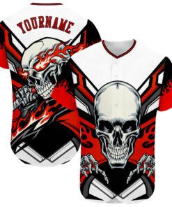 Custom White Red-Black 3D Skull Authentic Baseball Jersey