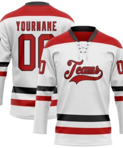 Custom White Red-Black Hockey Lace Neck Jersey