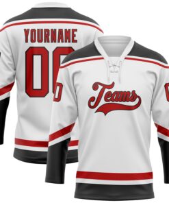 Custom White Red-Black Hockey Lace Neck Jersey
