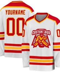 Custom White Red-Gold Hockey Jersey