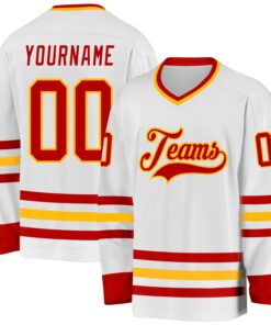 Custom White Red-Gold Hockey Jersey