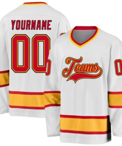 Custom White Red-Gold Hockey Jersey