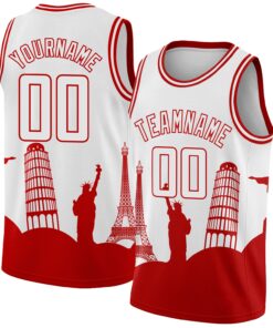 Custom White Red Holiday Travel Monuments Silhouette Authentic City Edition Basketball Jersey