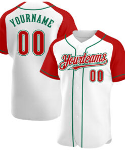 Custom White Red-Kelly Green Authentic Raglan Sleeves Baseball Jersey