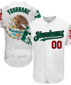 Custom White Red Kelly Green-Black 3D Mexican Flag Grunge Design Authentic Baseball Jersey