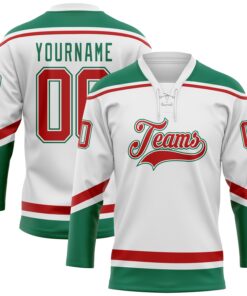 Custom White Red-Kelly Green Hockey Lace Neck Jersey