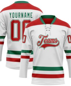 Custom White Red-Kelly Green Hockey Lace Neck Jersey