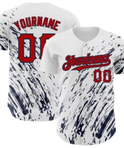 Custom White Red-Navy 3D Pattern Design Abstract Splash Authentic Baseball Jersey