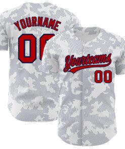 Custom White Red-Navy 3D Pattern Design Curve Lines Authentic Baseball Jersey