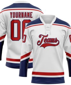 Custom White Red-Navy Hockey Lace Neck Jersey