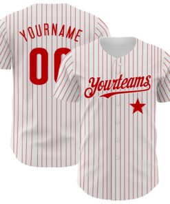 Custom White Red Pinstripe Authentic Red Star Baseball Jersey