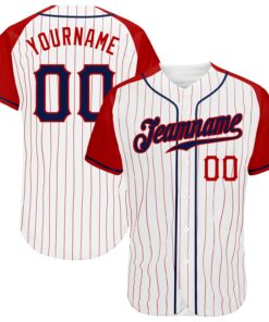 Custom White Red Pinstripe Navy-Red Authentic Raglan Sleeves Baseball Jersey