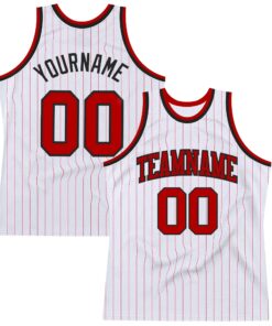 Custom White Red Pinstripe Red-Black Authentic Basketball Jersey