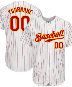 Custom White Red Pinstripe Red-Gold Authentic Baseball Jersey
