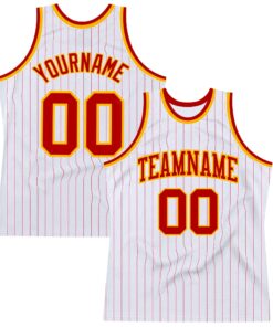 Custom White Red Pinstripe Red-Gold Authentic Basketball Jersey