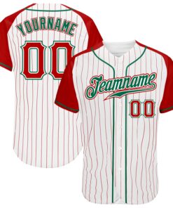 Custom White Red Pinstripe Red-Kelly Green Authentic Raglan Sleeves Baseball Jersey
