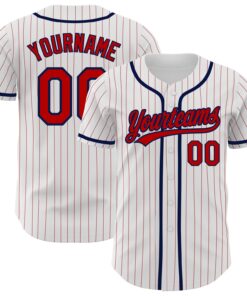 Custom White Red Pinstripe Red-Navy Authentic Baseball Jersey