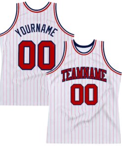 Custom White Red Pinstripe Red-Navy Authentic Basketball Jersey