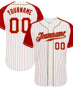 Custom White Red Pinstripe Red-Old Gold Authentic Raglan Sleeves Baseball Jersey