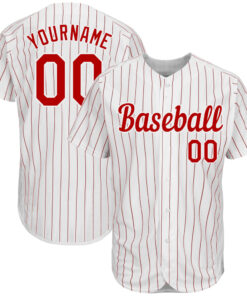 Custom White Red Pinstripe Red-White Authentic Baseball Jersey