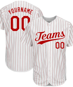 Custom White Red Pinstripe Red-White Authentic Baseball Jersey
