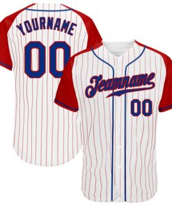 Custom White Red Pinstripe Royal-Red Authentic Raglan Sleeves Baseball Jersey