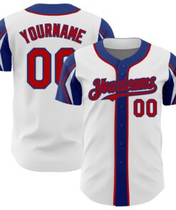 Custom White Red-Royal 3 Colors Arm Shapes Authentic Baseball Jersey