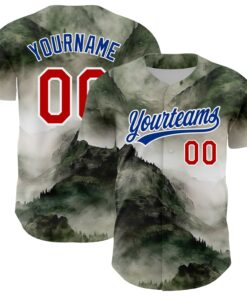 Custom White Red-Royal 3D Pattern Design Mountains Landscape Authentic Baseball Jersey