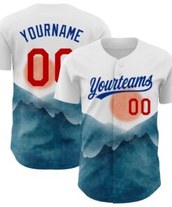 Custom White Red-Royal 3D Pattern Design Watercolor Mountains Authentic Baseball Jersey