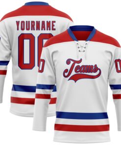 Custom White Red-Royal Hockey Lace Neck Jersey