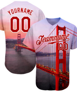 Custom White Red-White 3D Pattern Design Golden Gate Bridge Authentic Baseball Jersey