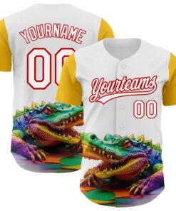 Custom White Red-Yellow 3D Pattern Design Colorful Crocodile Authentic Baseball Jersey