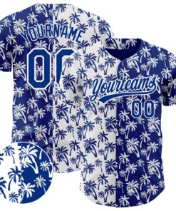 Custom White Royal 3D Pattern Design Tropical Hawaii Palm Trees Authentic Baseball Jersey