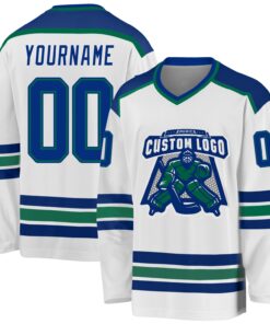 Custom White Royal-Kelly Green Hockey Jersey