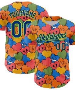 Custom White Royal-Neon Green 3D Pattern Design Funny Cartoon Heart Authentic Baseball Jersey