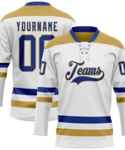 Custom White Royal-Old Gold Hockey Lace Neck Jersey